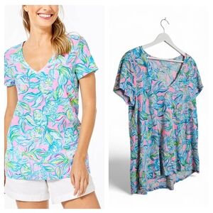 Lilly Pulitzer Etta V-Neck Tee Pink Multi Print Cotton Relaxed XL